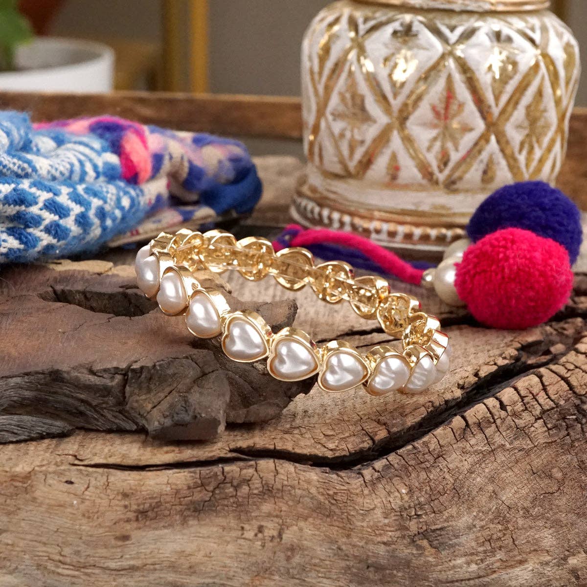 Pearls Hearts Stretchy Bangle - Gold and Pearls