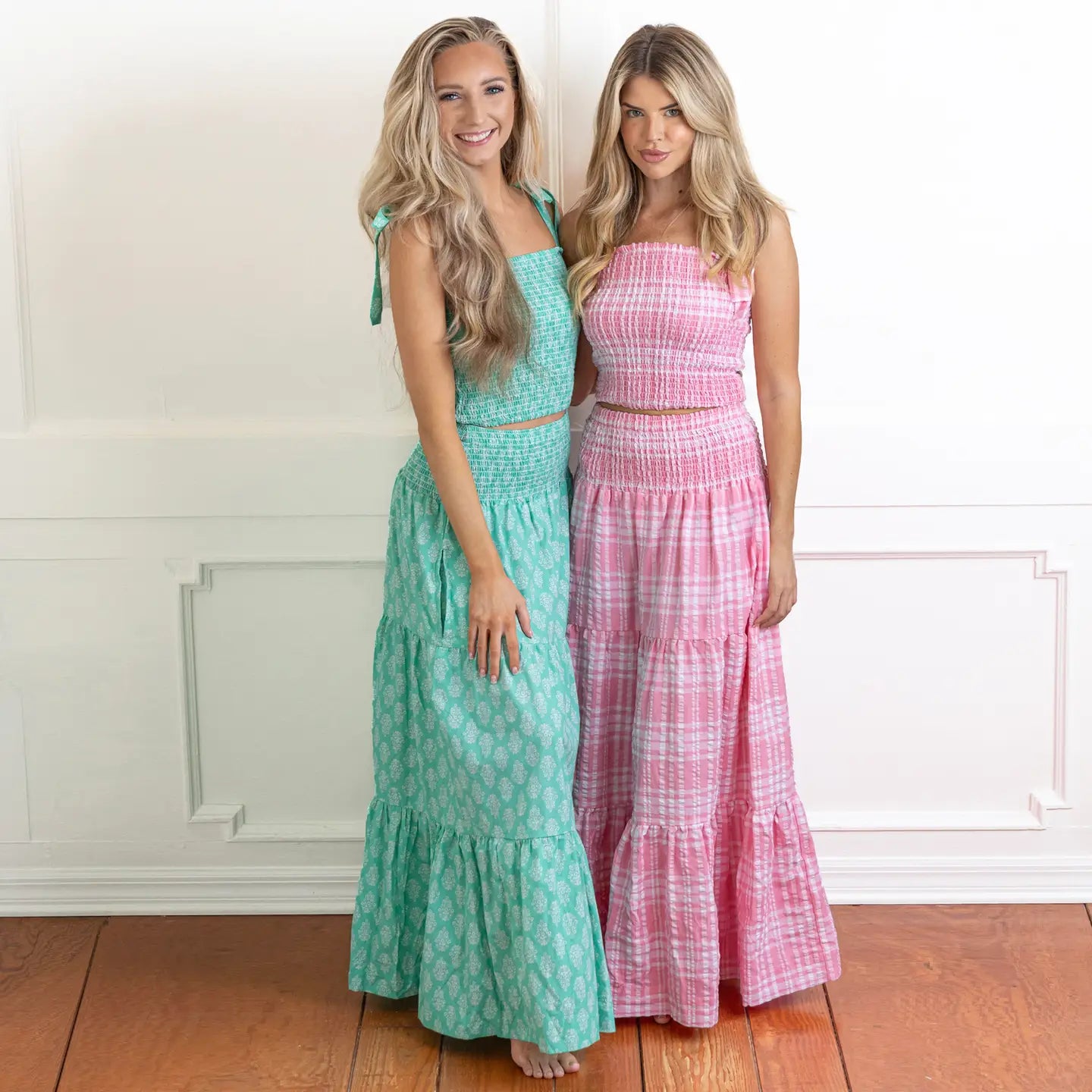 Green smocked Tie Top& Skirt Set