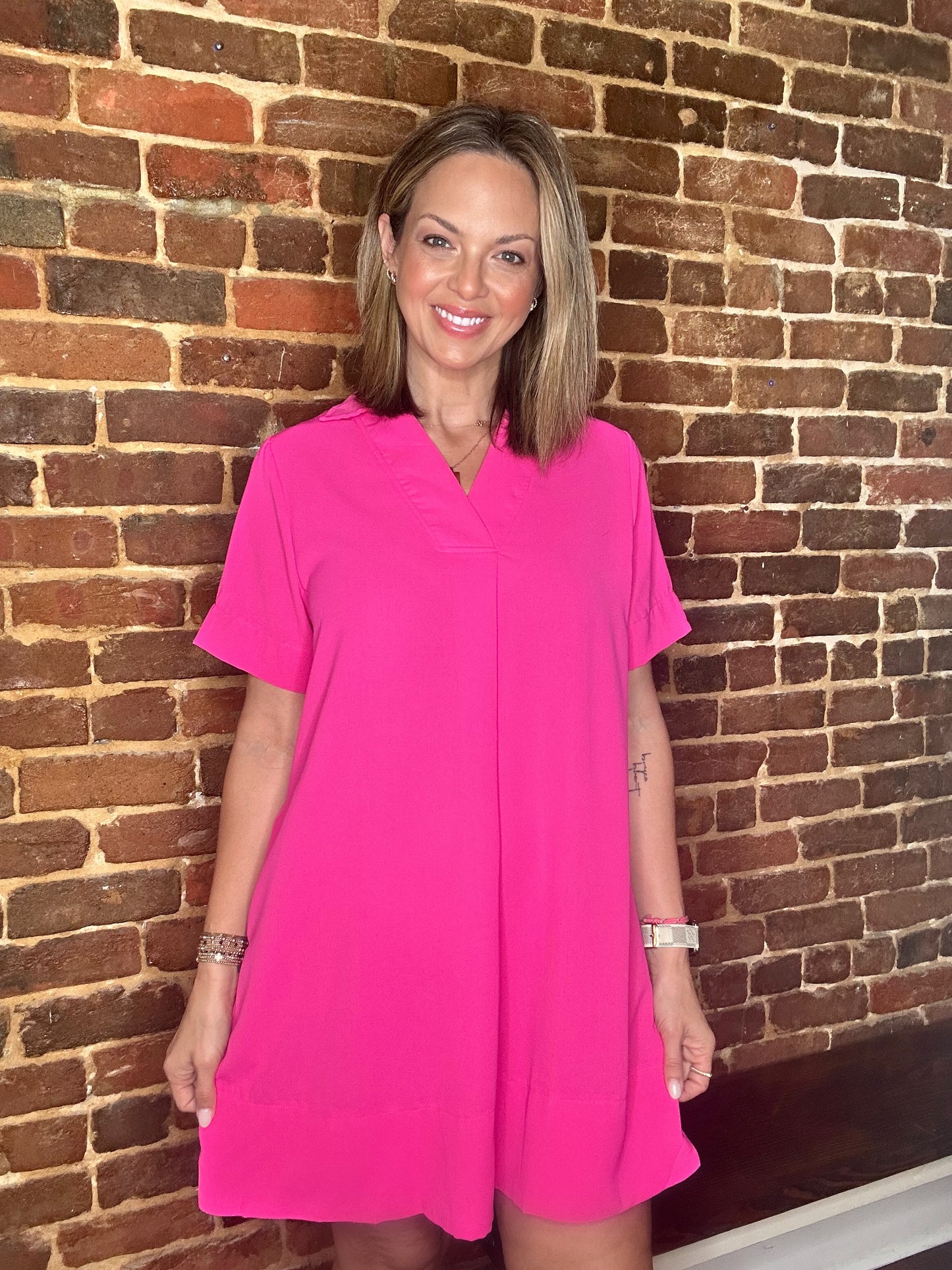 Short Sleeve Collard Dress-Pink