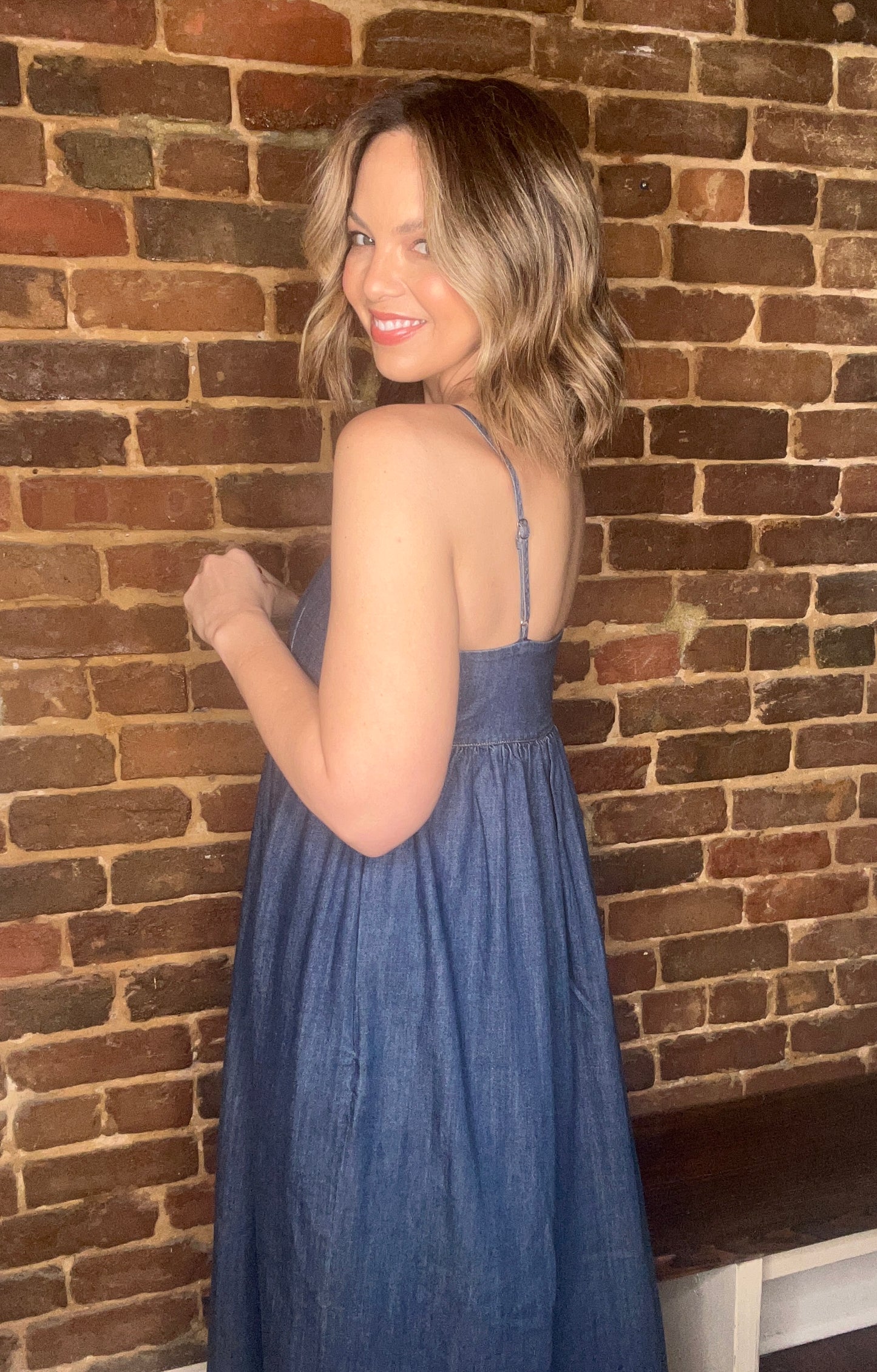 V Neck Flowy Denim Dress