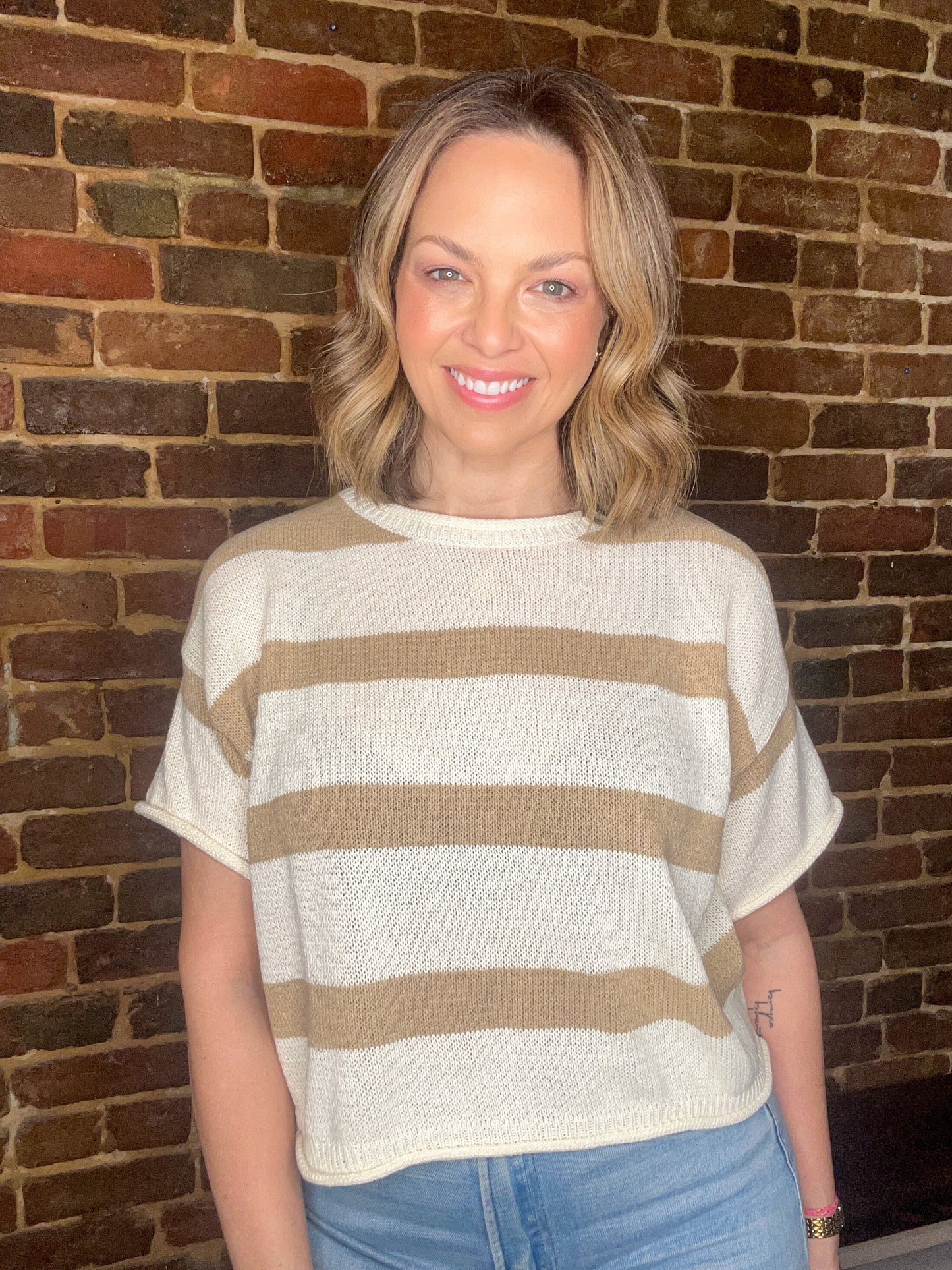 Taupe Boxy Stripe Sweater Top