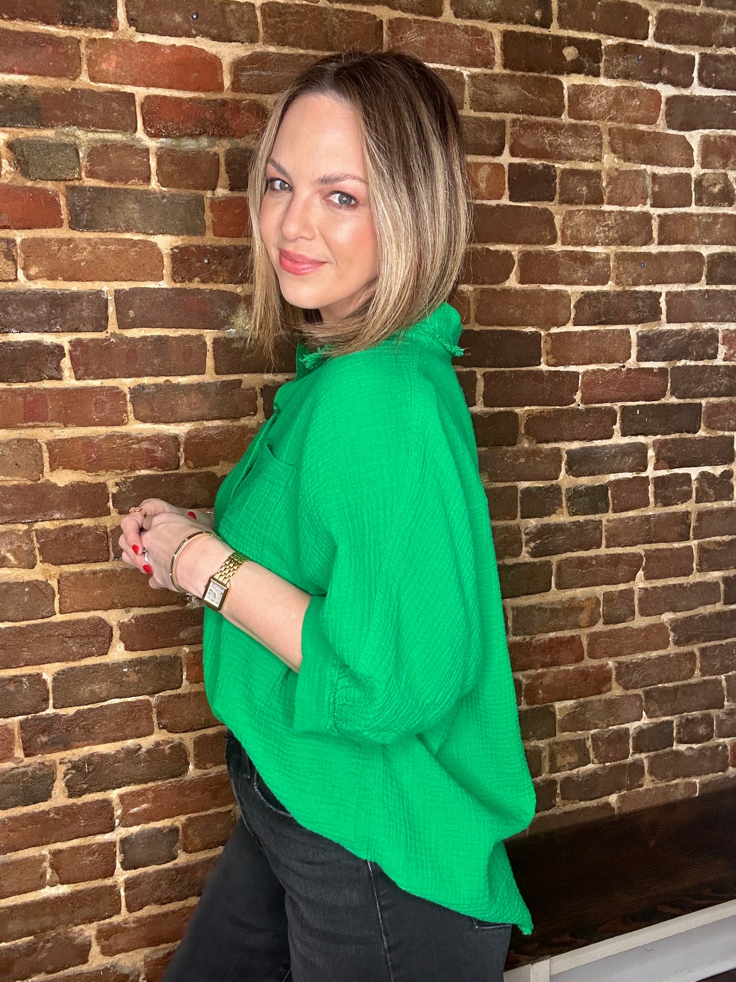 Apple Green Gauze Button Down