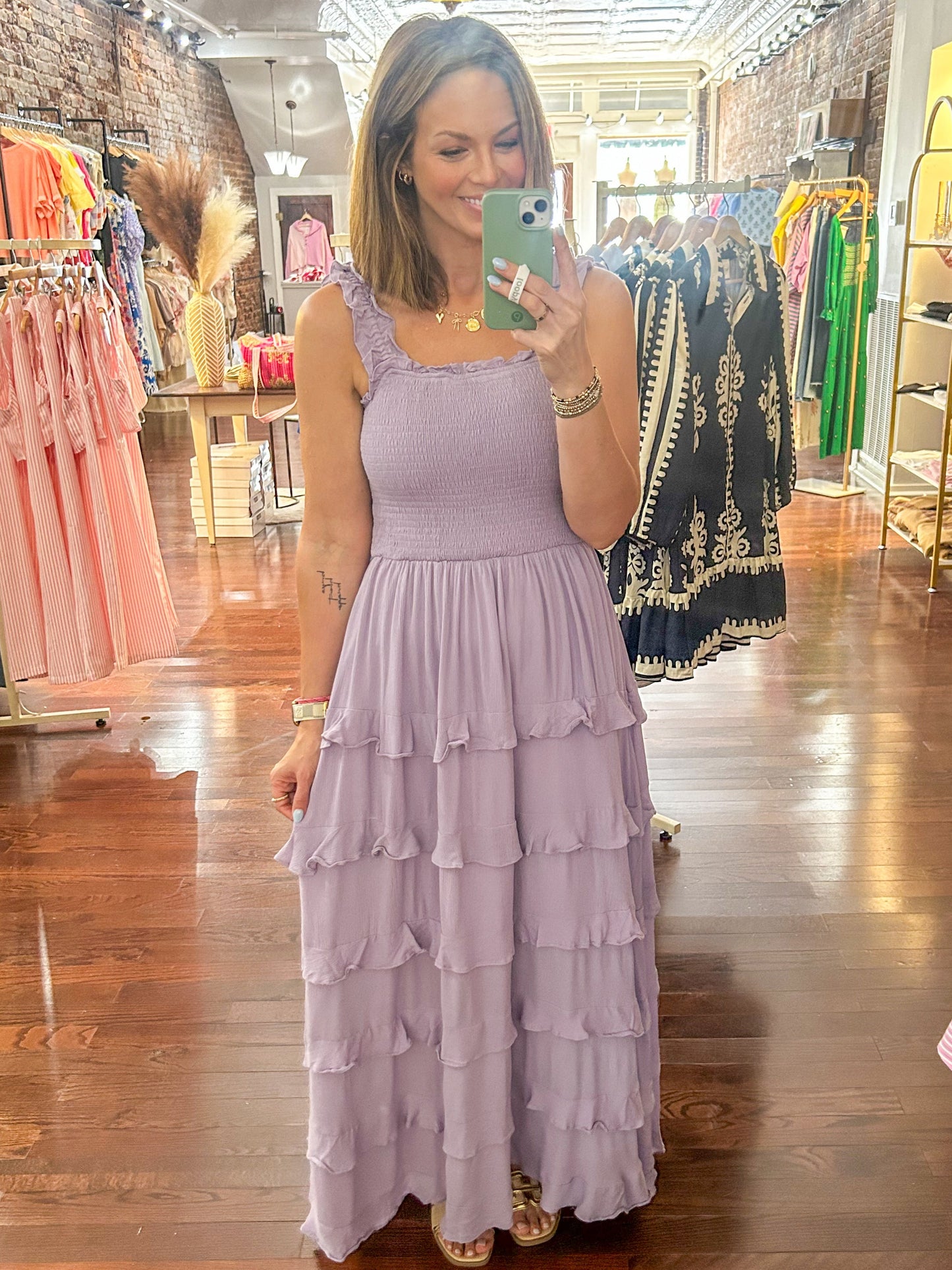 Lavender Smocked Ruffle Tier Maxi Dress
