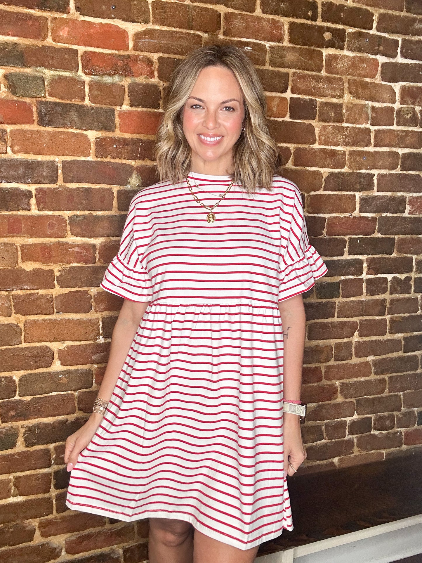 White/Red Stripe Baby Doll Dress