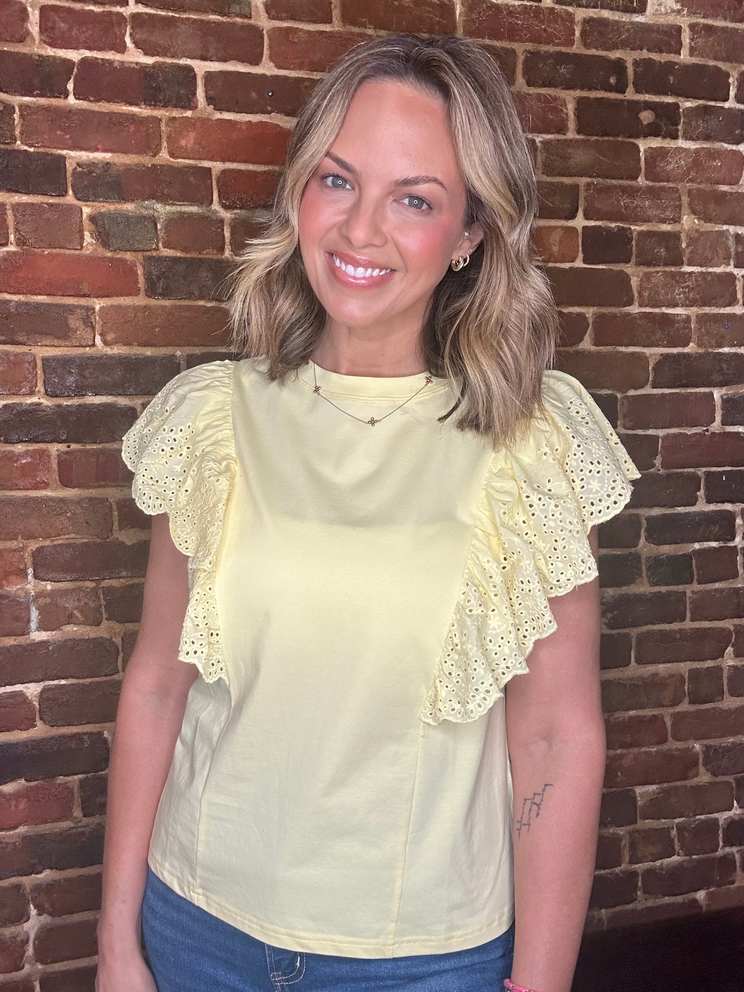 Yellow Flutter Sleeve Eyelet Top