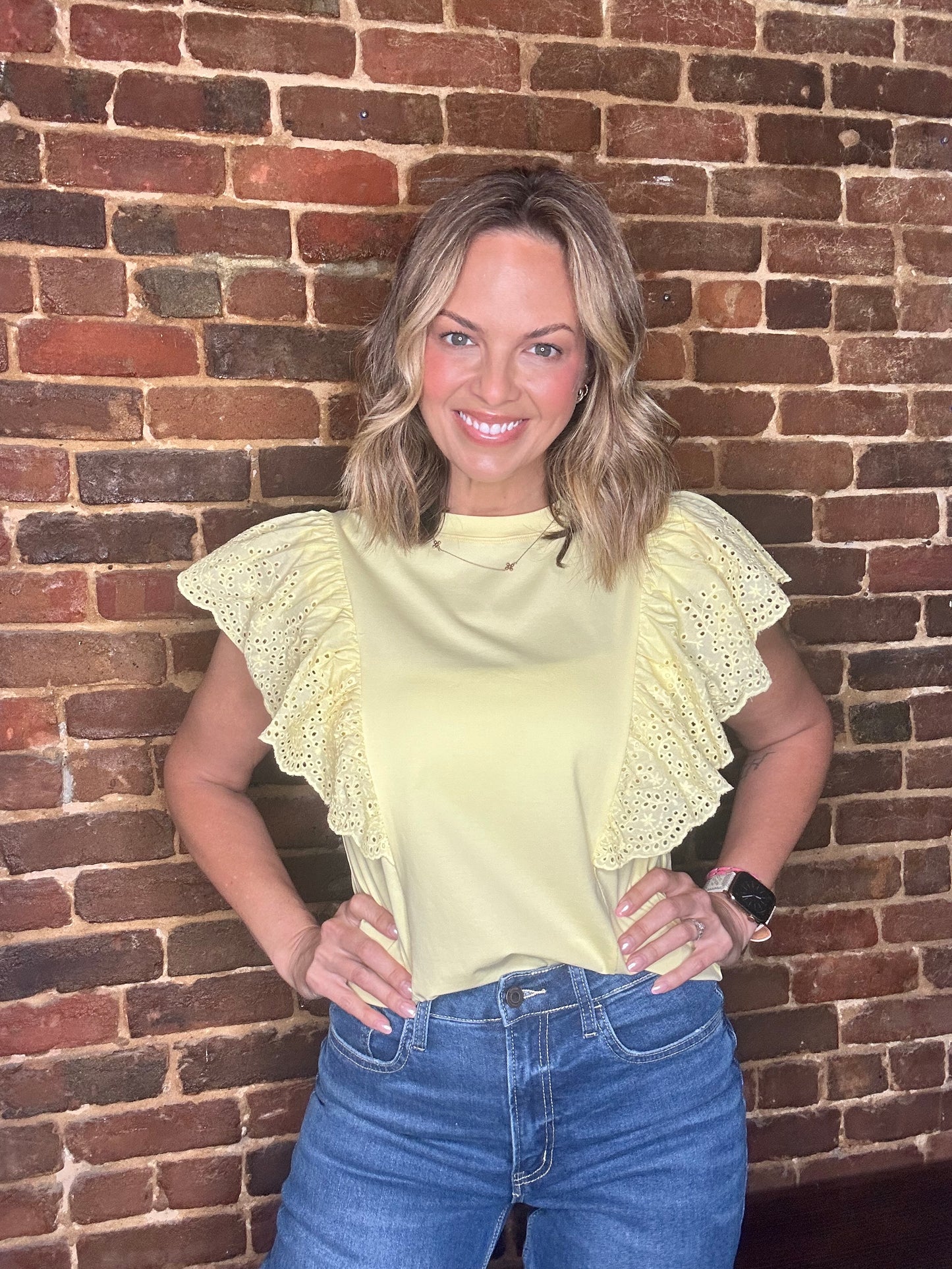 Yellow Flutter Sleeve Eyelet Top