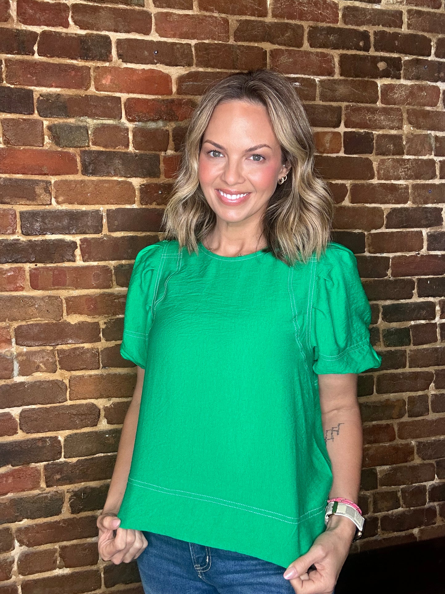 Green Balloon Sleeve Top