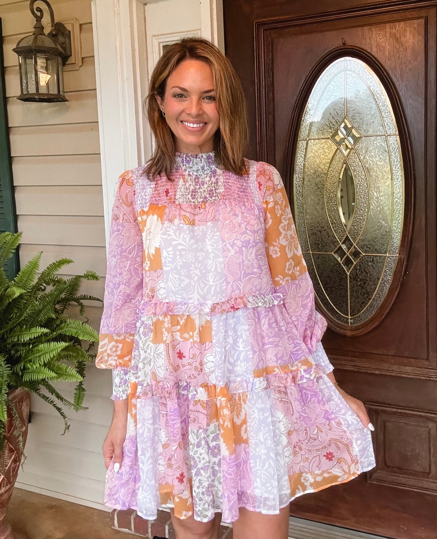 Patchwork Print Chiffon Tiered Dress