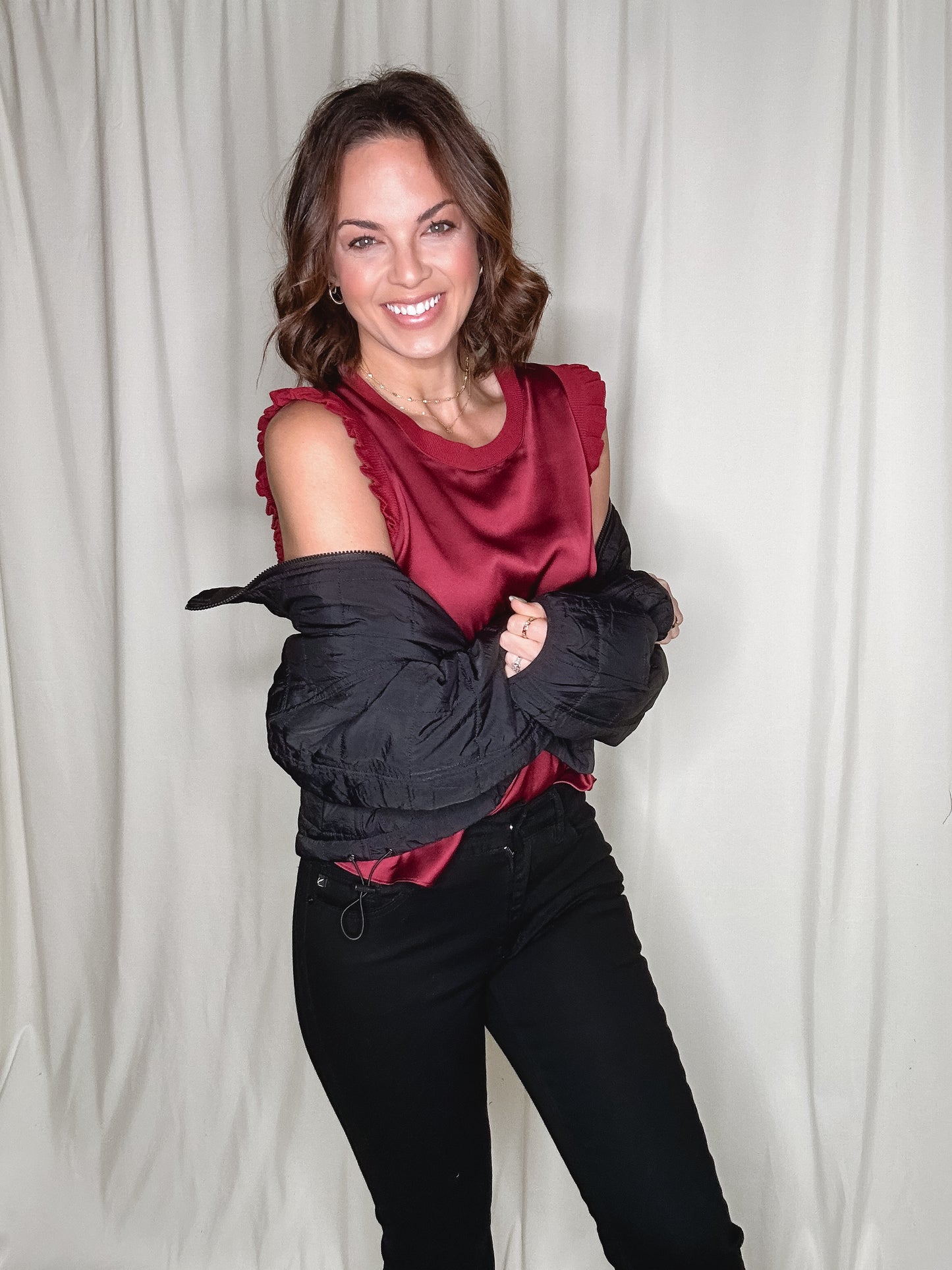 Ribbed Ruffle Satin Top