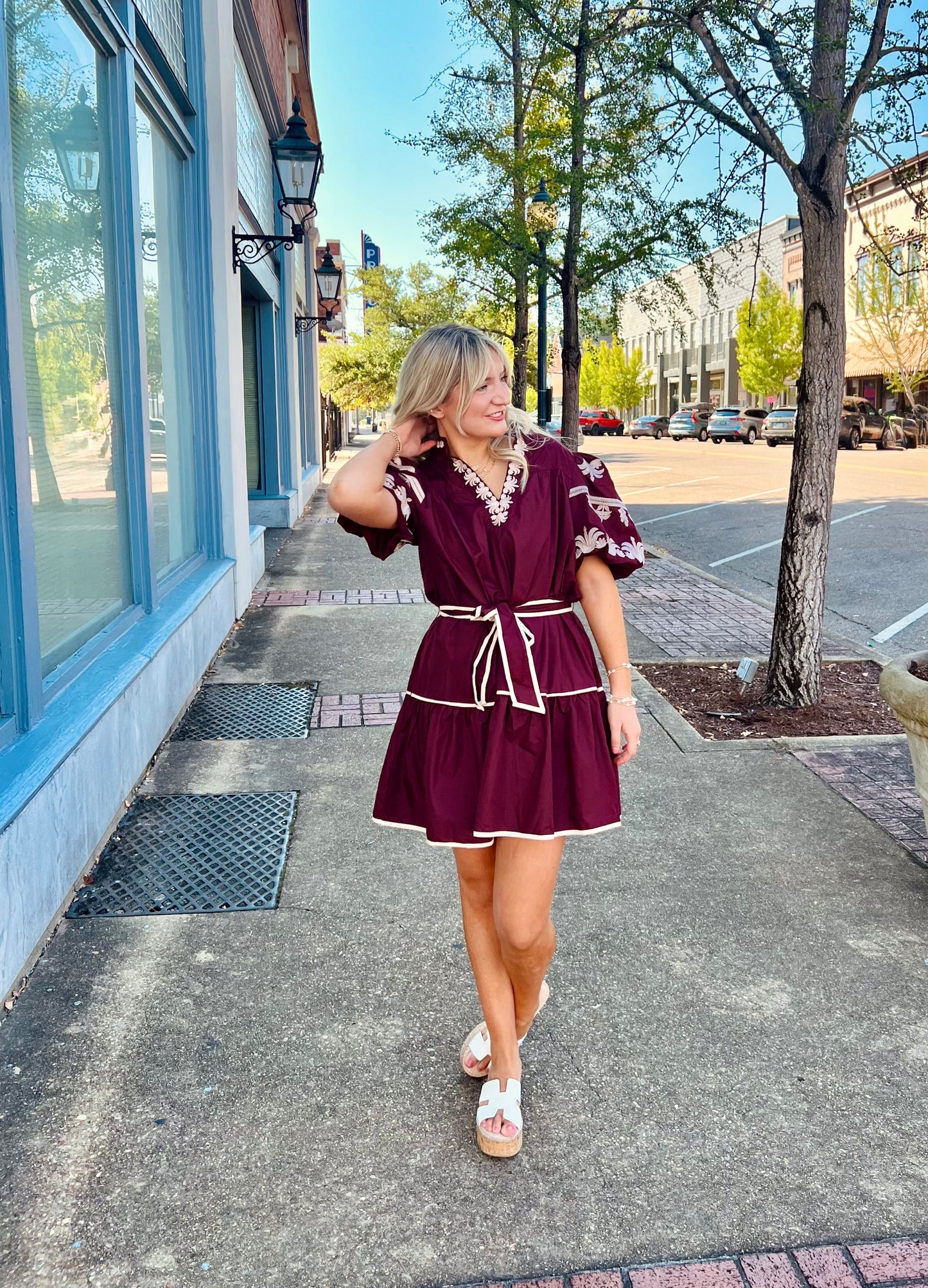 maroon mini embroidery dress