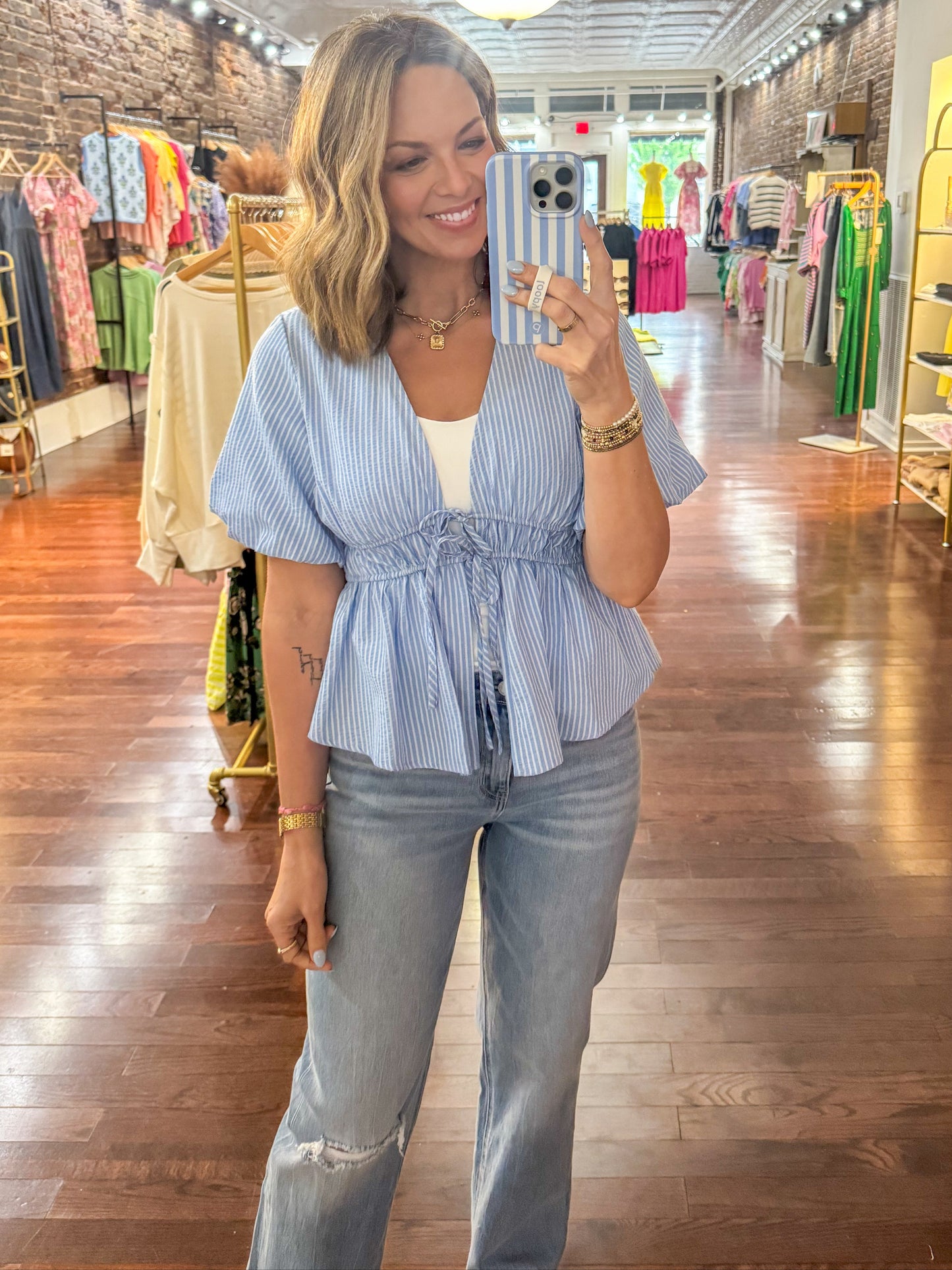 Blue Stripe Top With Ties