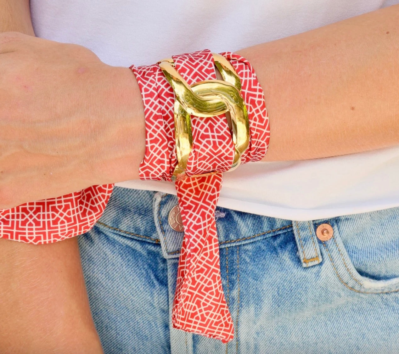 Serafina scarf bracelet- gold cuff with red and white scarf