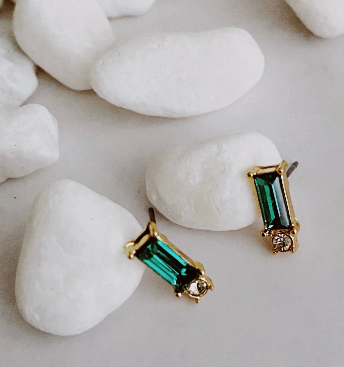 Baguette cut stone stud earrings- emerald green