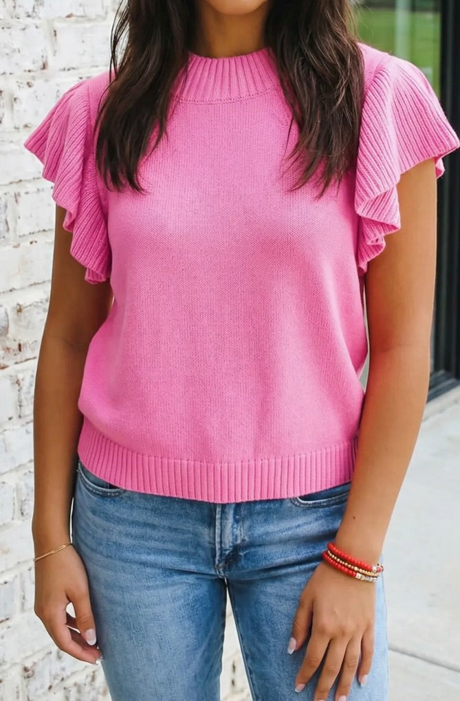 Ribbed Trim Round Neck Ruffle Short Sleeve Sweater