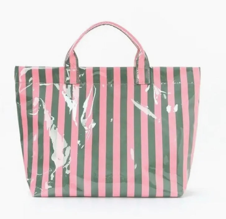 Large Striped Vinyl Tote Bag-Pink/Green