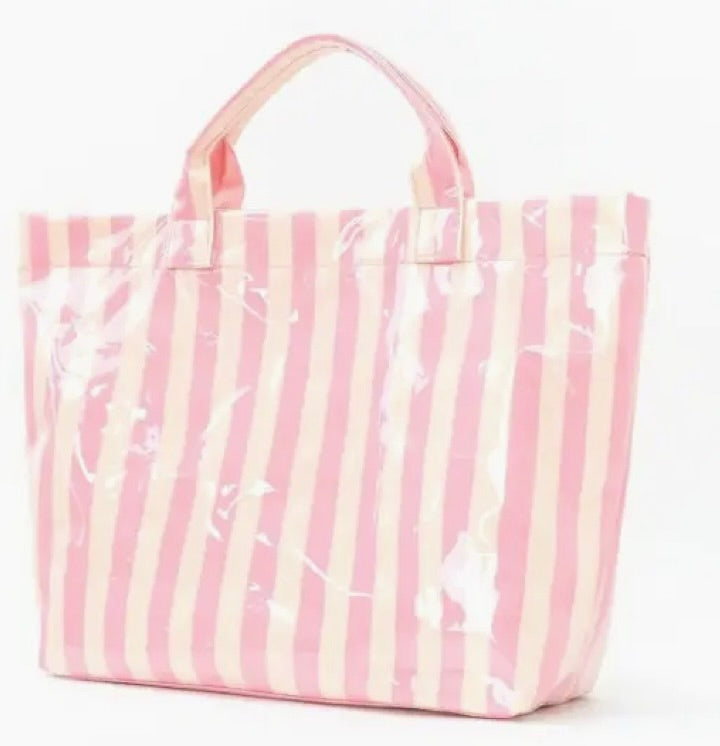 Large Striped Vinyl Tote-Pink/Yellow