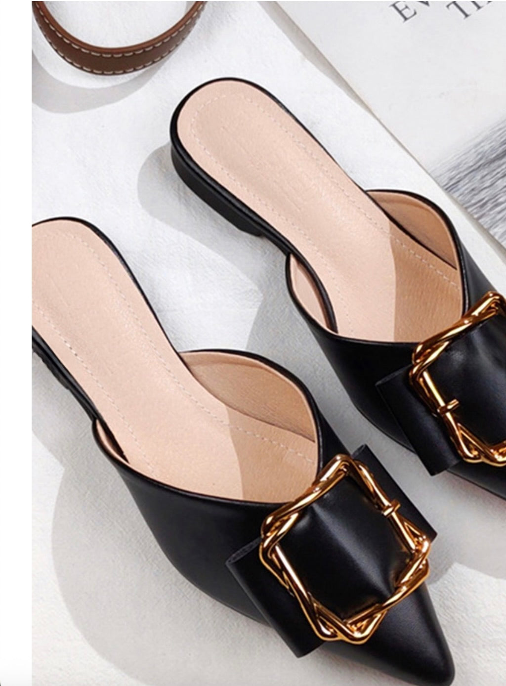 metal decor buckle pointed toe mule