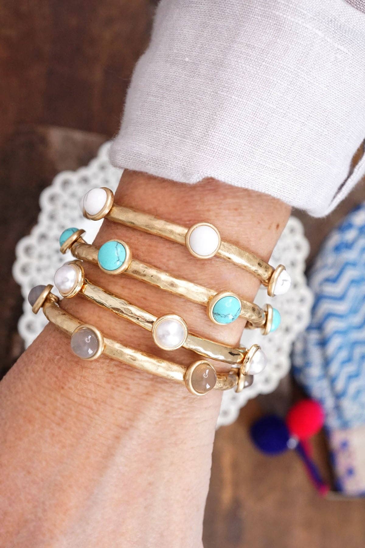 Jeweled Golden Bangle with semi precious stone dots: Shiny Gold - White
