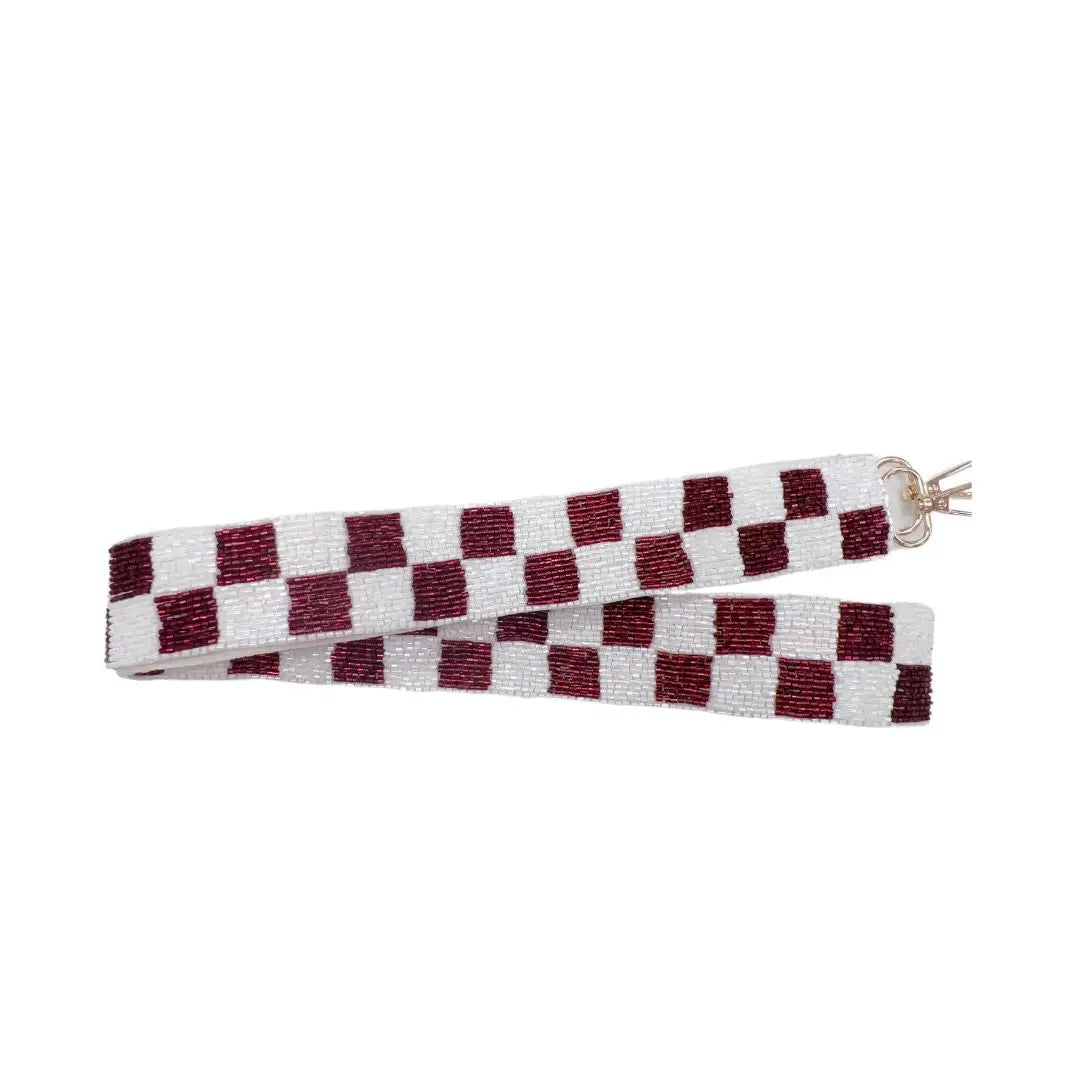 Checkered Maroon and White Beaded Purse Strap