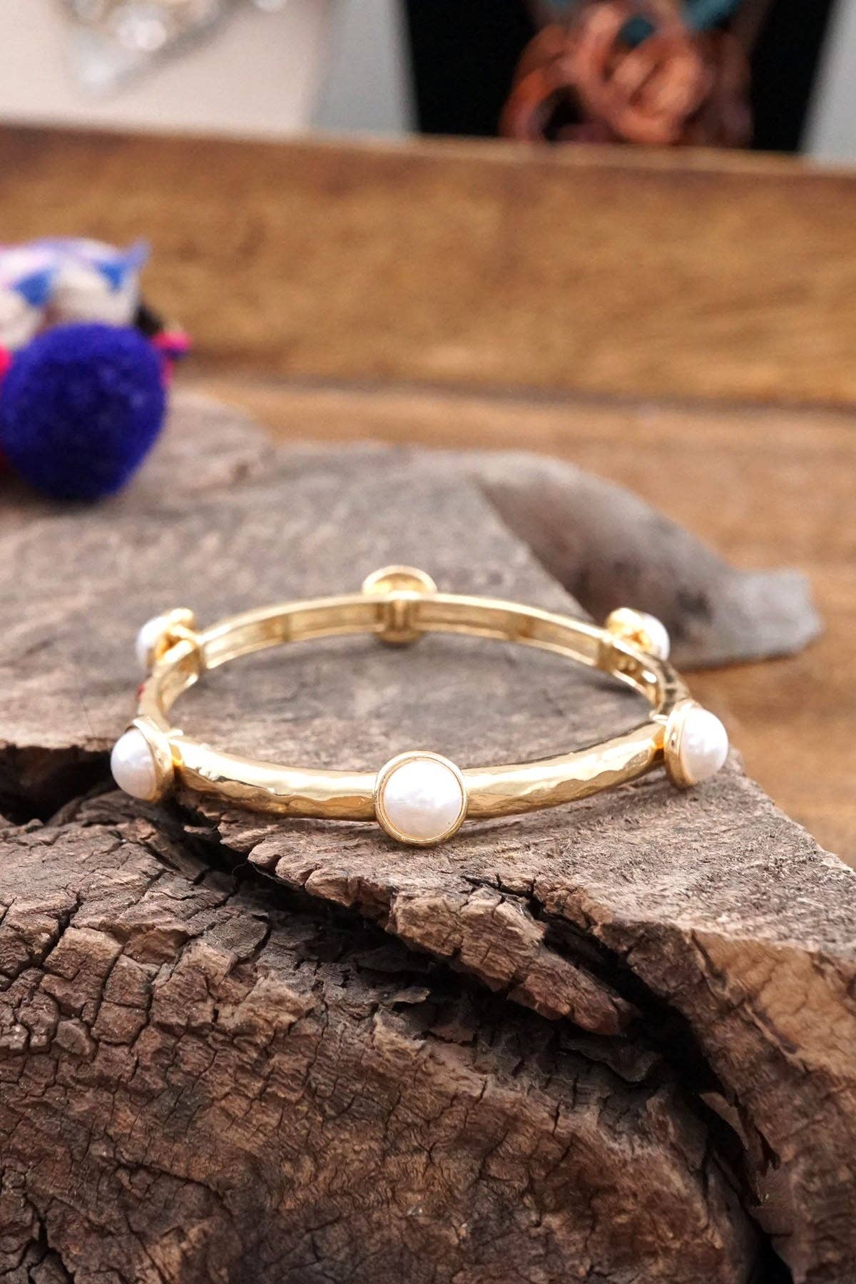 Jeweled Golden Bangle with semi precious stone dots: Pearl