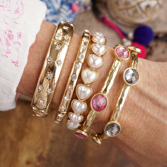 Pearls Hearts Stretchy Bangle - Gold and Pearls