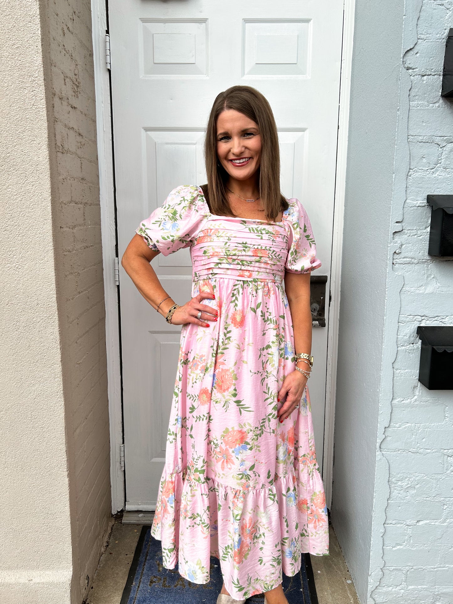 Floral Pleated Balloon Sleeve Midi Dress