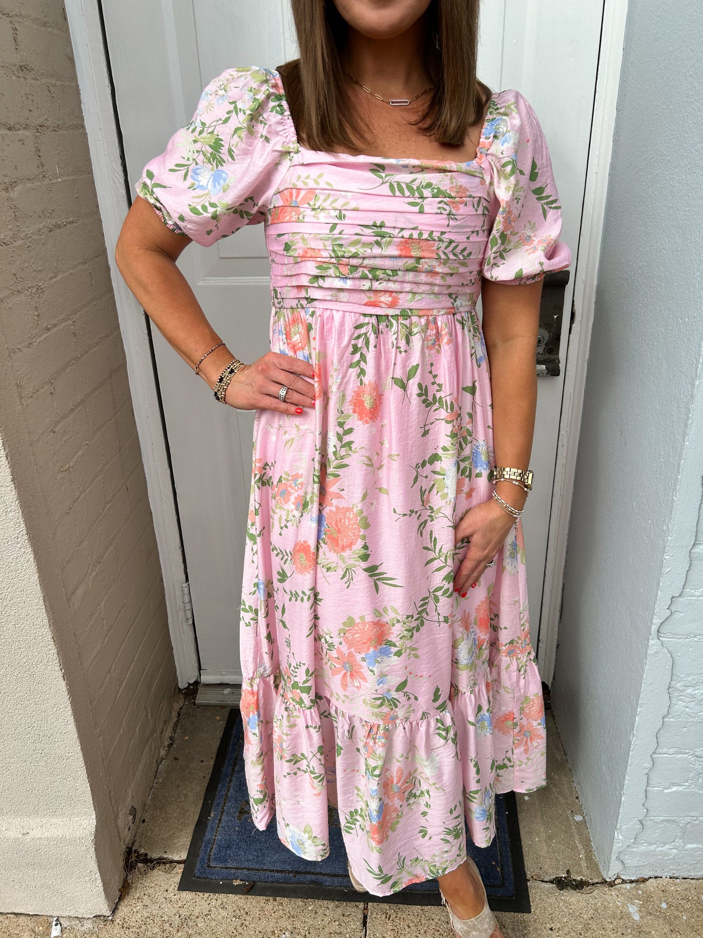 Floral Pleated Balloon Sleeve Midi Dress