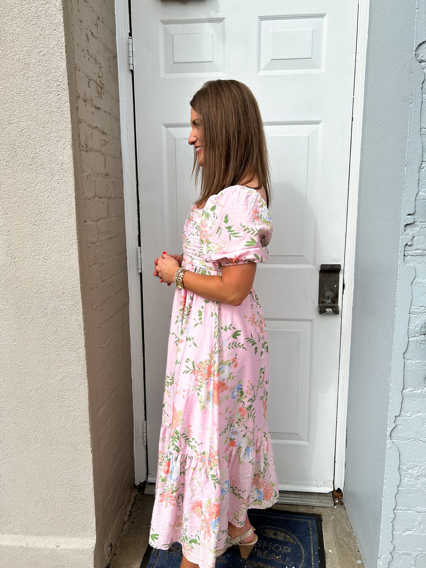 Floral Pleated Balloon Sleeve Midi Dress