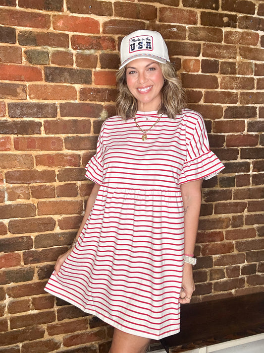 White/Red Stripe Baby Doll Dress