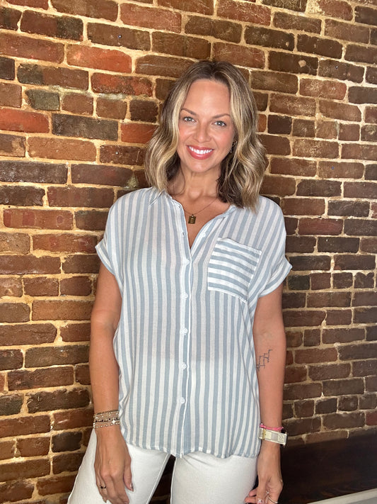 Blue Striped Short Sleeve With Rolled Cuffs