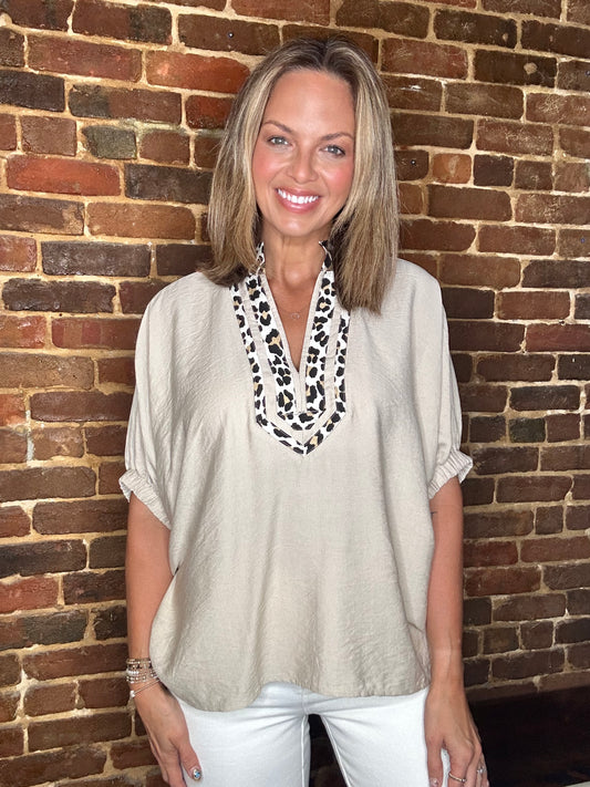 Taupe Leopard Trim Top