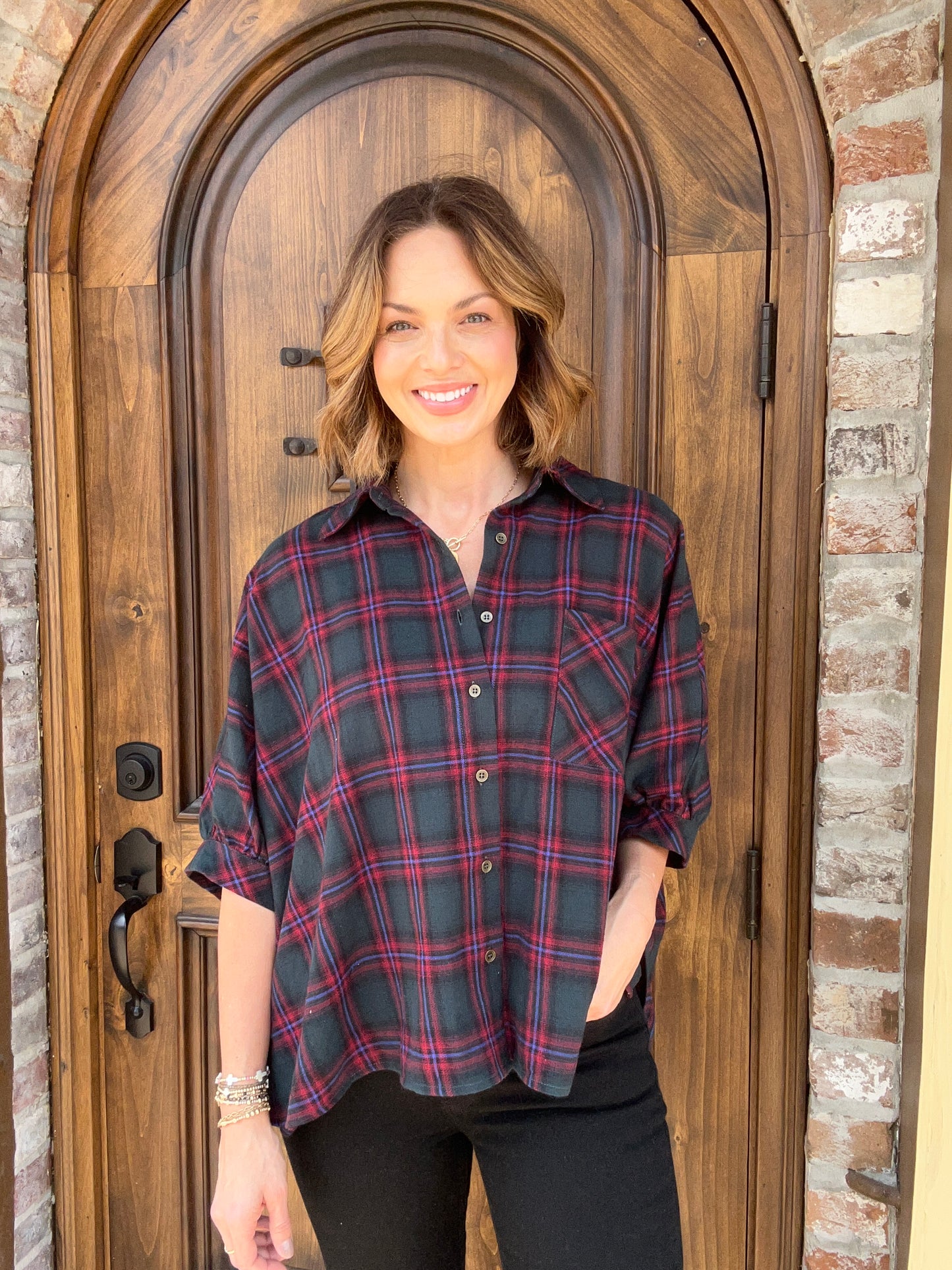 Green Plaid Dolman Sleeve Top