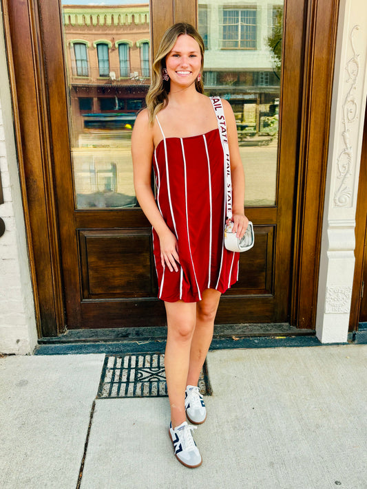 Maroon Striped A-Line Mini Dress