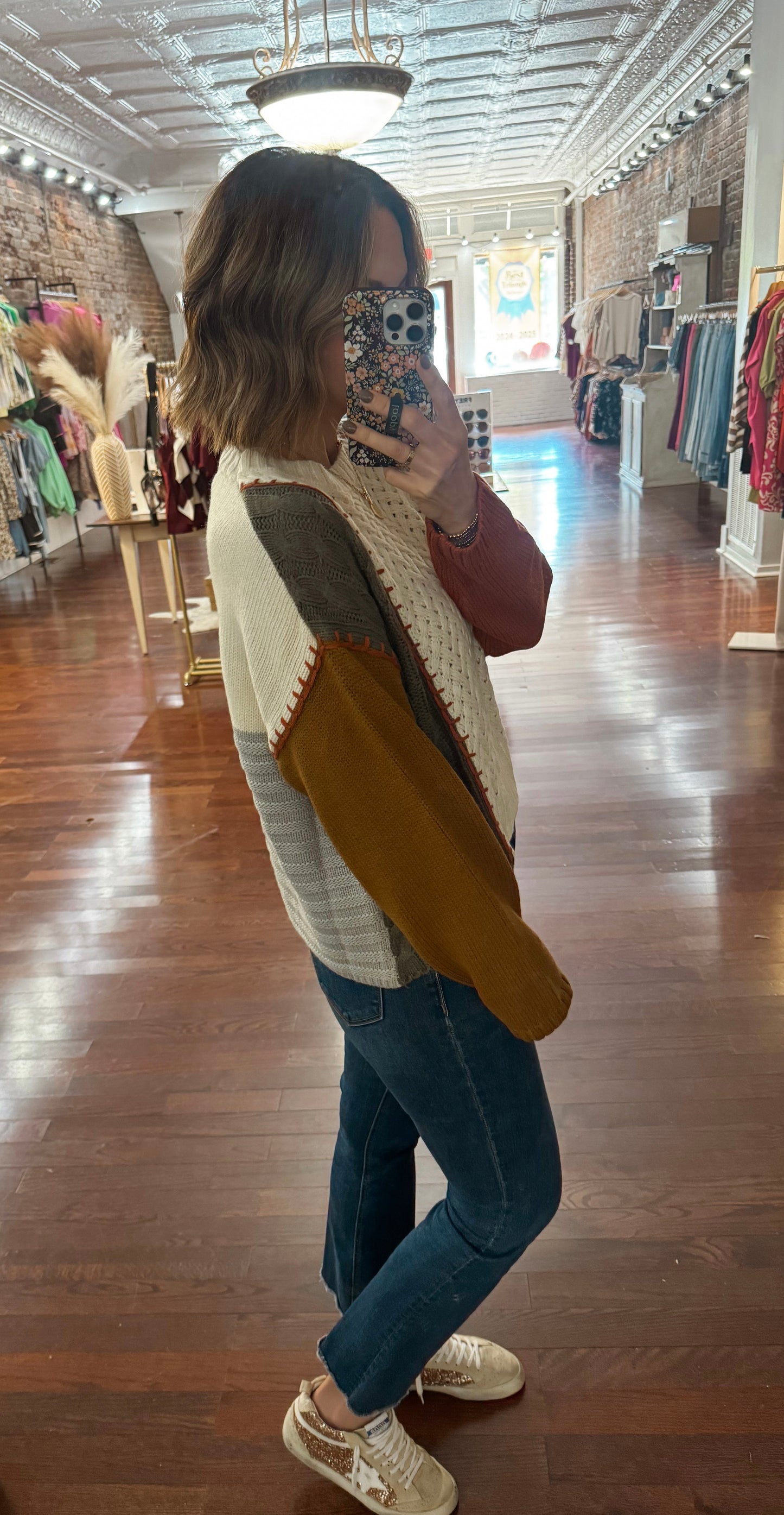 Multi Fabric Color Block Sweater