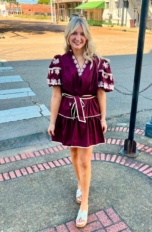 maroon mini embroidery dress