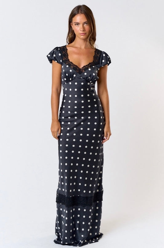 Black-white polka dot satin maxi dress