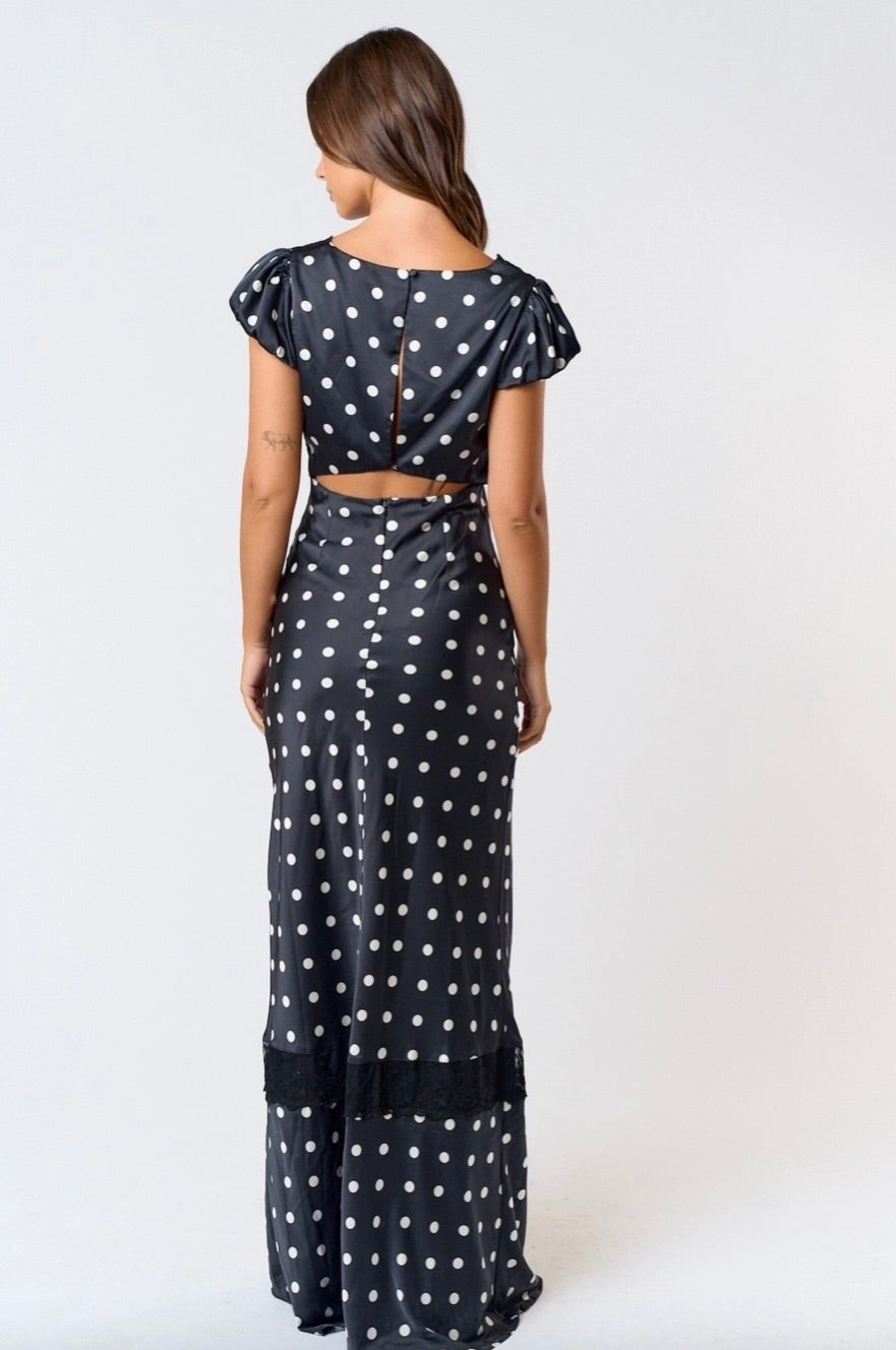 Black-white polka dot satin maxi dress