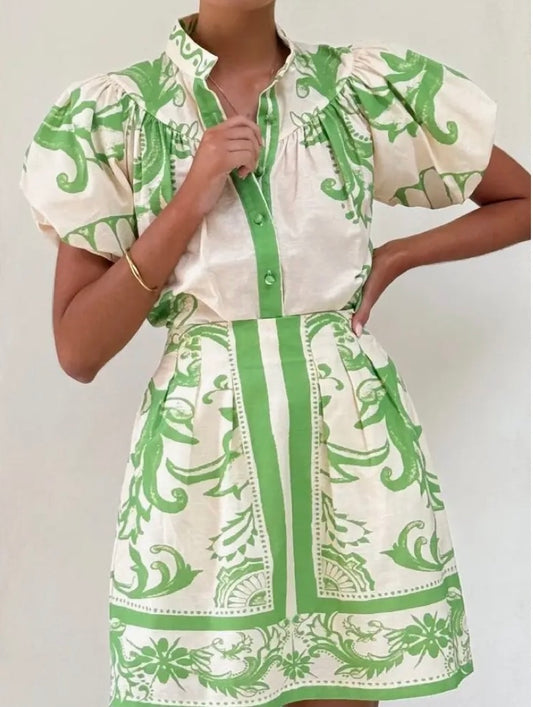 Boho floral print puff sleeve button top skirt set