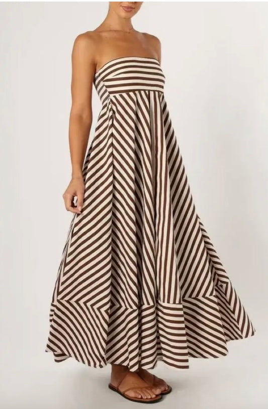 Stripe bandeau strapless maxi dress