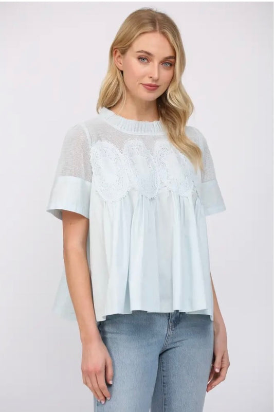 Mesh Combined Top with Applique- Baby blue