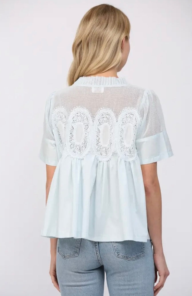 Mesh Combined Top with Applique- Baby blue