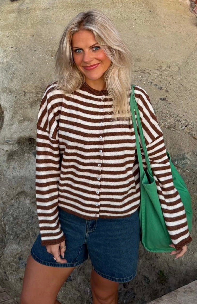 Striped Knit Cardigan-coffee