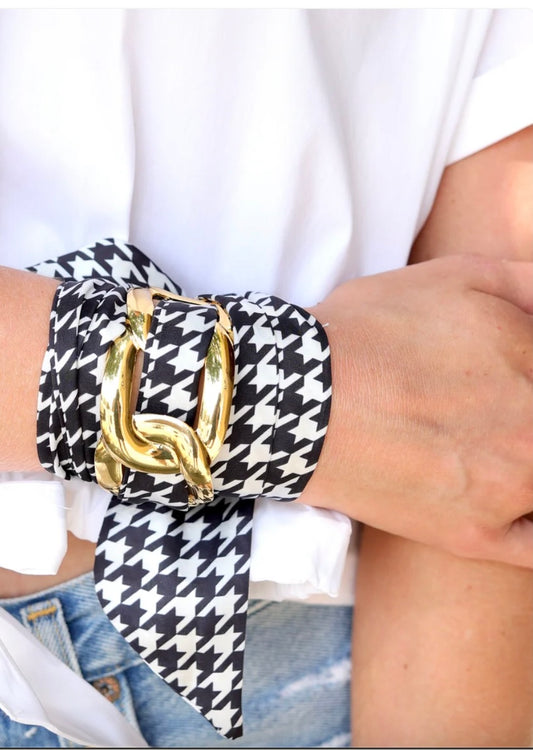 Serafina scarf bracelet- gold cuff with black and white scarf