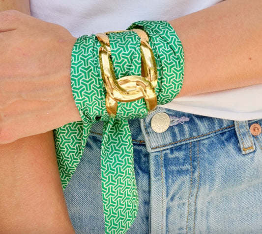 Serafina scarf bracelet-gold cuff with green scarf