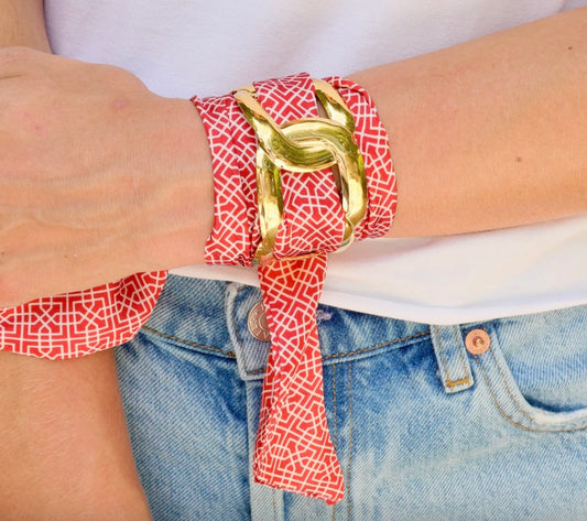 Serafina scarf bracelet- gold cuff with red and white scarf