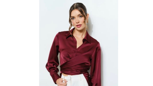 Wine satin long sleeve wrap waist blouse
