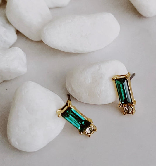 Baguette cut stone stud earrings- emerald green
