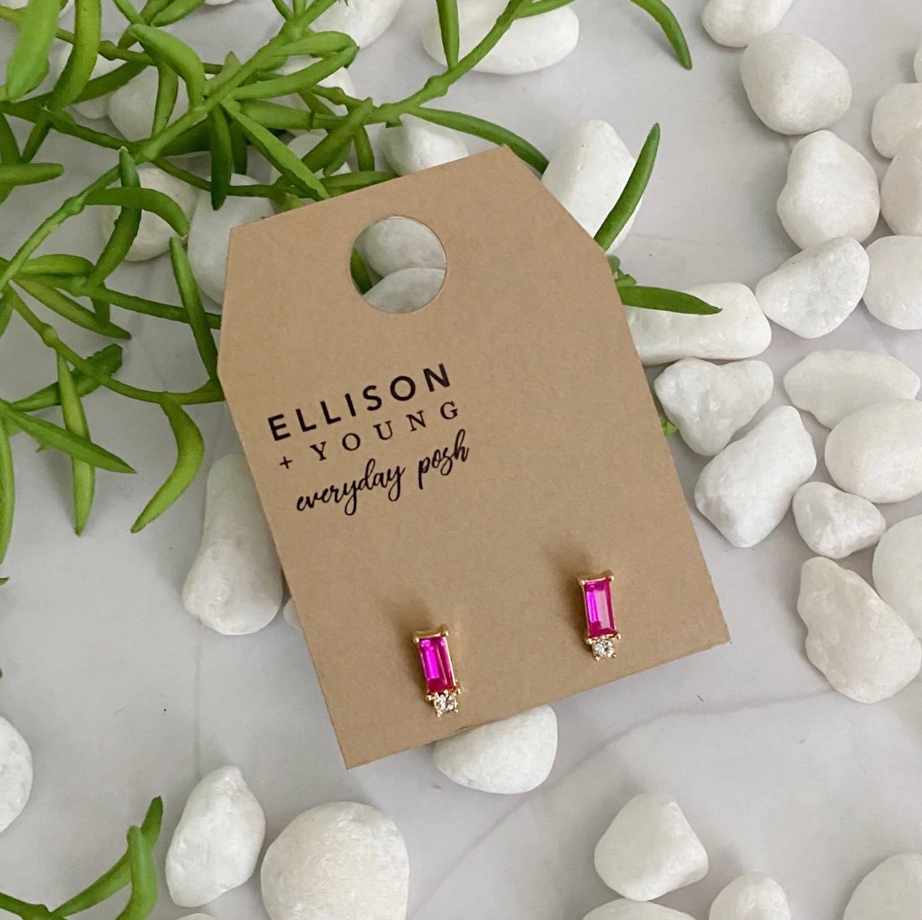 Baguette cut stone stud earring-deep pink