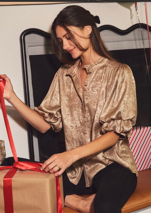 christmas shimmer foiled button blouse