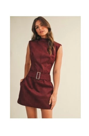 suede mock neck belted sleeveless dress